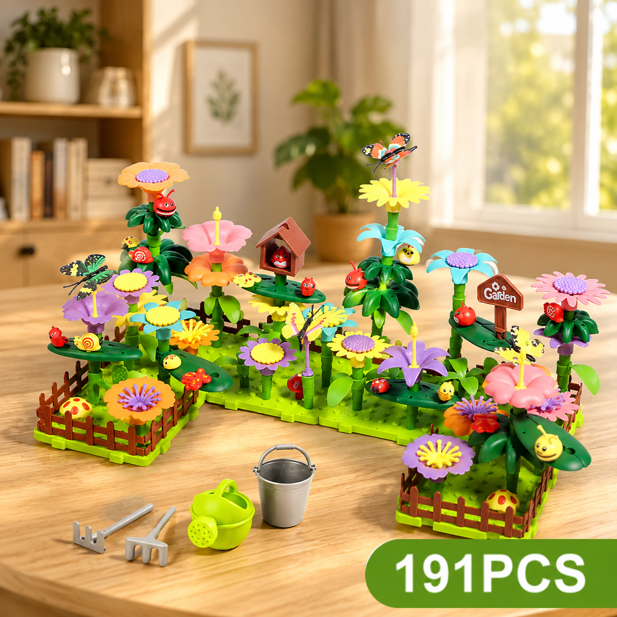 Flower garden building toy with butterflies, birdhouse, and garden tools, 191-piece set